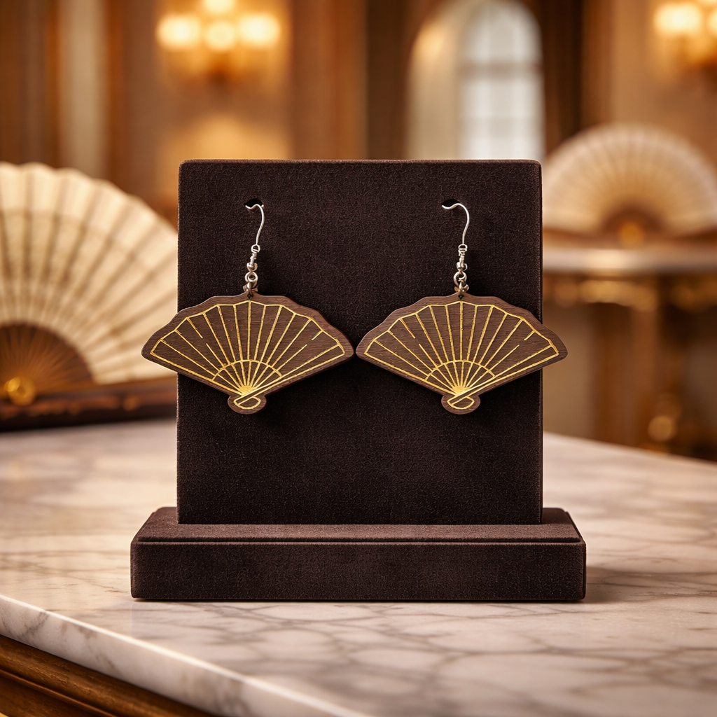 Walnut Veneer Earrings – Traditional Hand Fan Design, Wooden Dangles