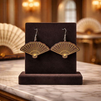 Walnut Veneer Earrings – Traditional Hand Fan Design, Wooden Dangles