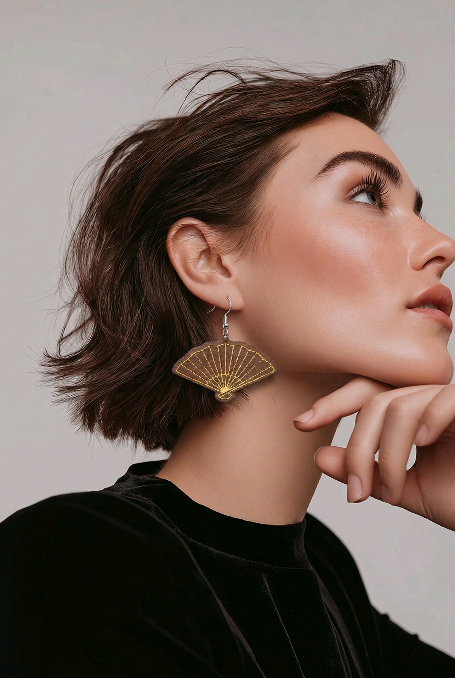 Walnut Veneer Earrings – Traditional Hand Fan Design, Wooden Dangles