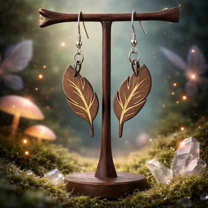 Walnut Veneer Earrings – Engraved Feather Wooden Dangles