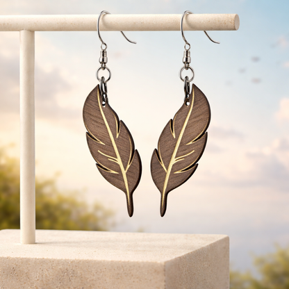 Walnut Veneer Earrings – Engraved Feather Wooden Dangles
