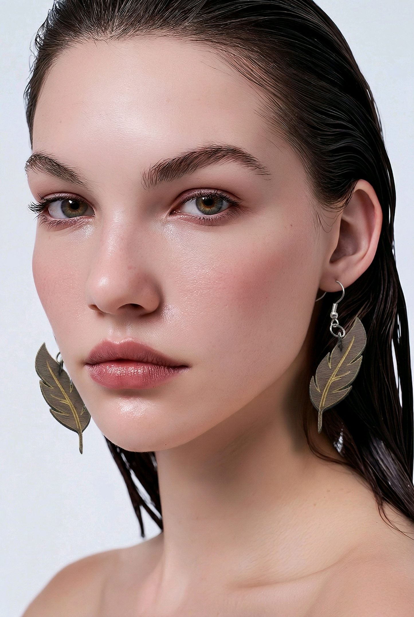 Walnut Veneer Earrings – Engraved Feather Wooden Dangles