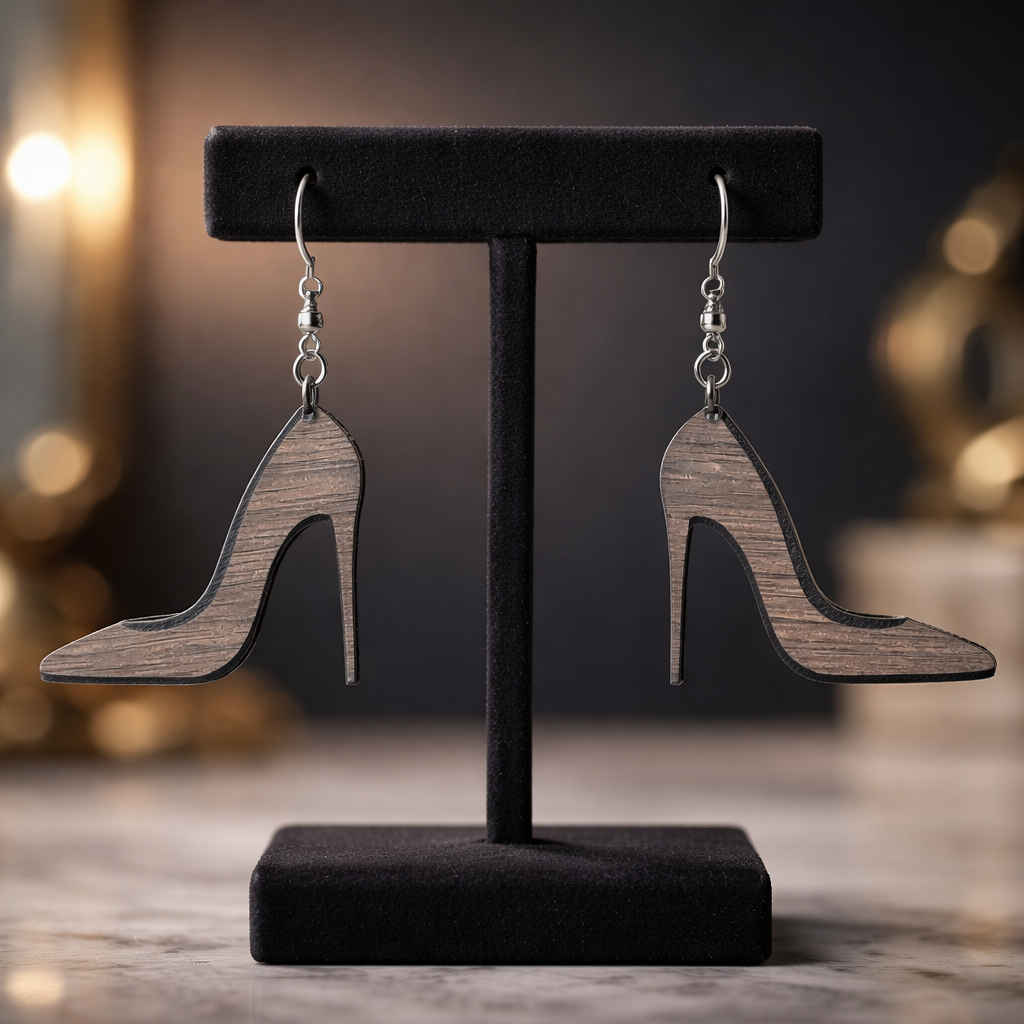 Walnut Veneer Earrings – Stiletto High Heel Design, Wooden Dangles