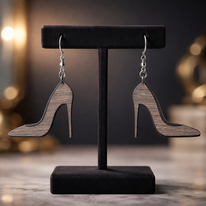 Walnut Veneer Earrings – Stiletto High Heel Design, Wooden Dangles