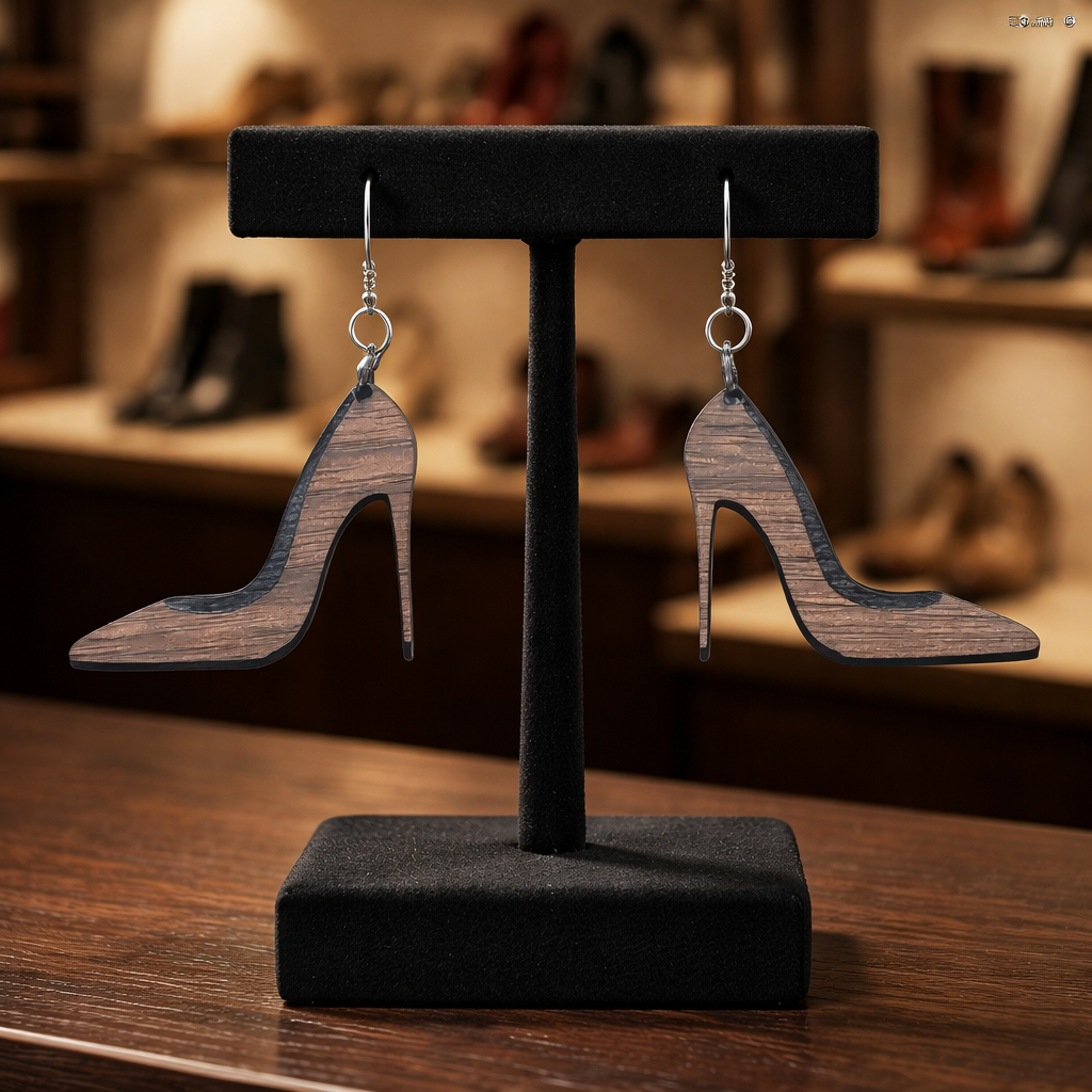 Walnut Veneer Earrings – Stiletto High Heel Design, Wooden Dangles