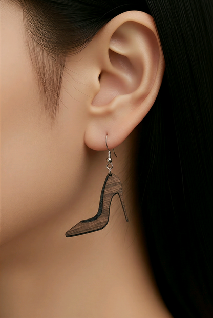 Walnut Veneer Earrings – Stiletto High Heel Design, Wooden Dangles