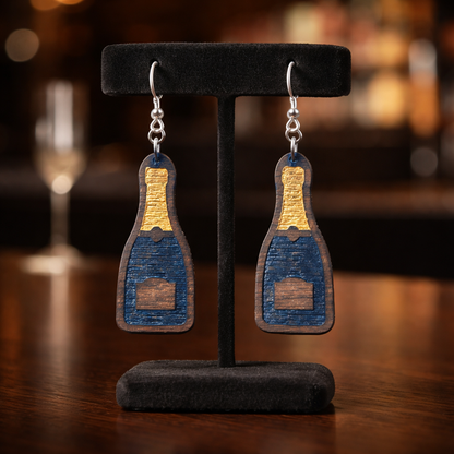 Walnut Veneer Earrings – Champagne Bottle Design, Wooden Dangles