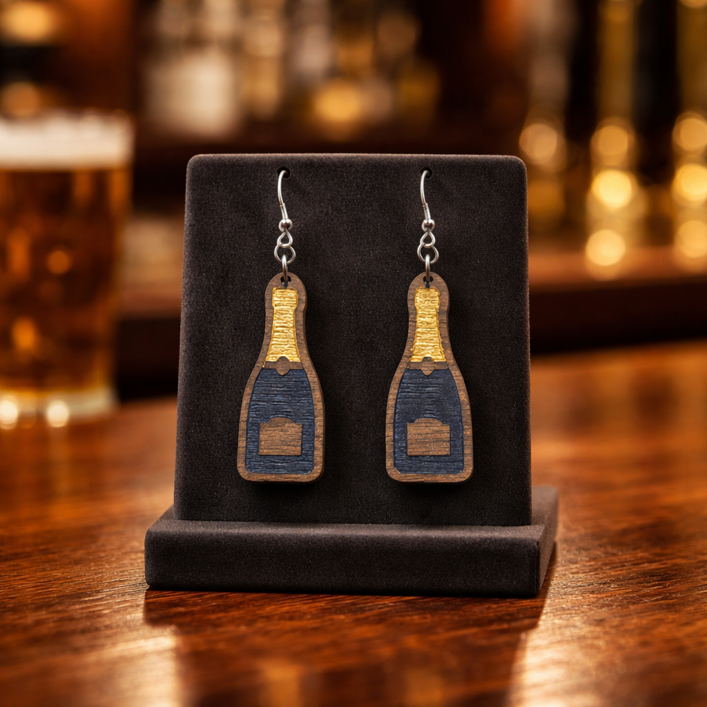 Walnut Veneer Earrings – Champagne Bottle Design, Wooden Dangles