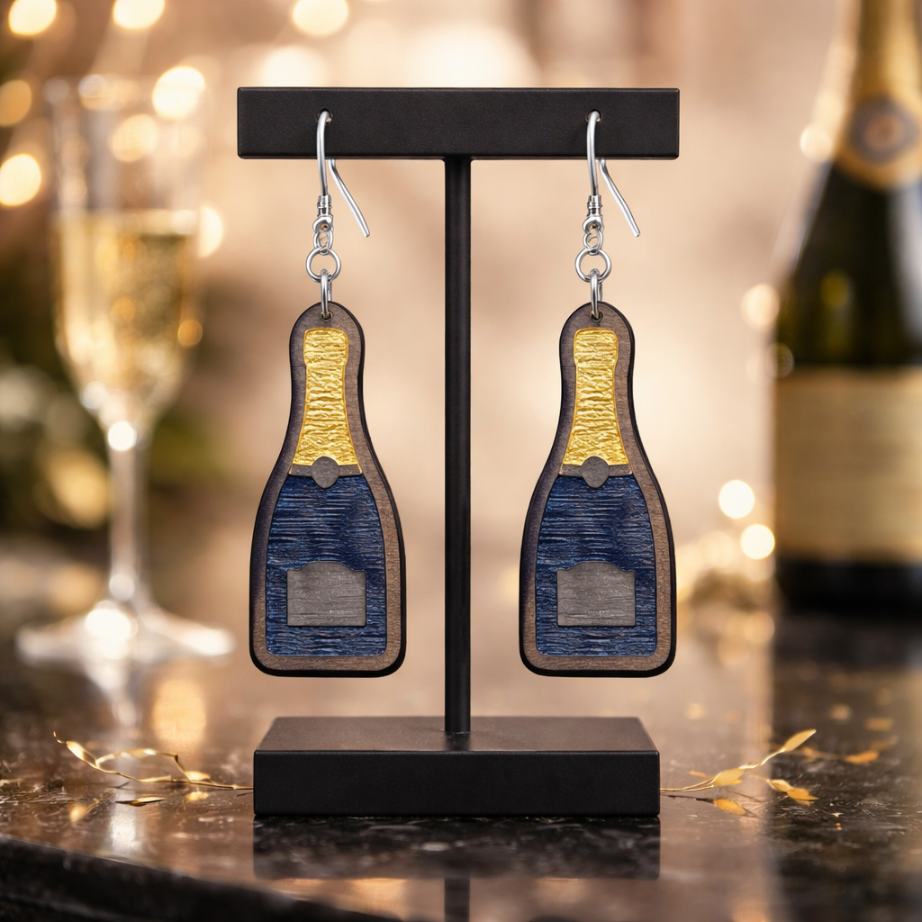 Walnut Veneer Earrings – Champagne Bottle Design, Wooden Dangles