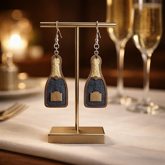 Walnut Veneer Earrings – Champagne Bottle Design, Wooden Dangles