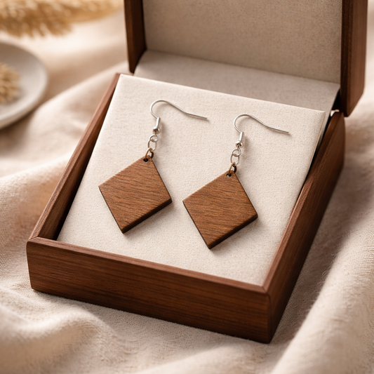 Walnut Veneer Earrings – Diamond Shape Wooden Dangles