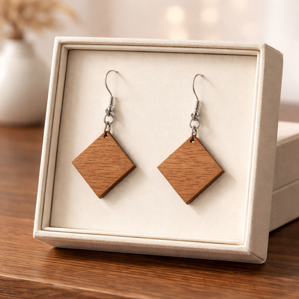 Walnut Veneer Earrings – Diamond Shape Wooden Dangles