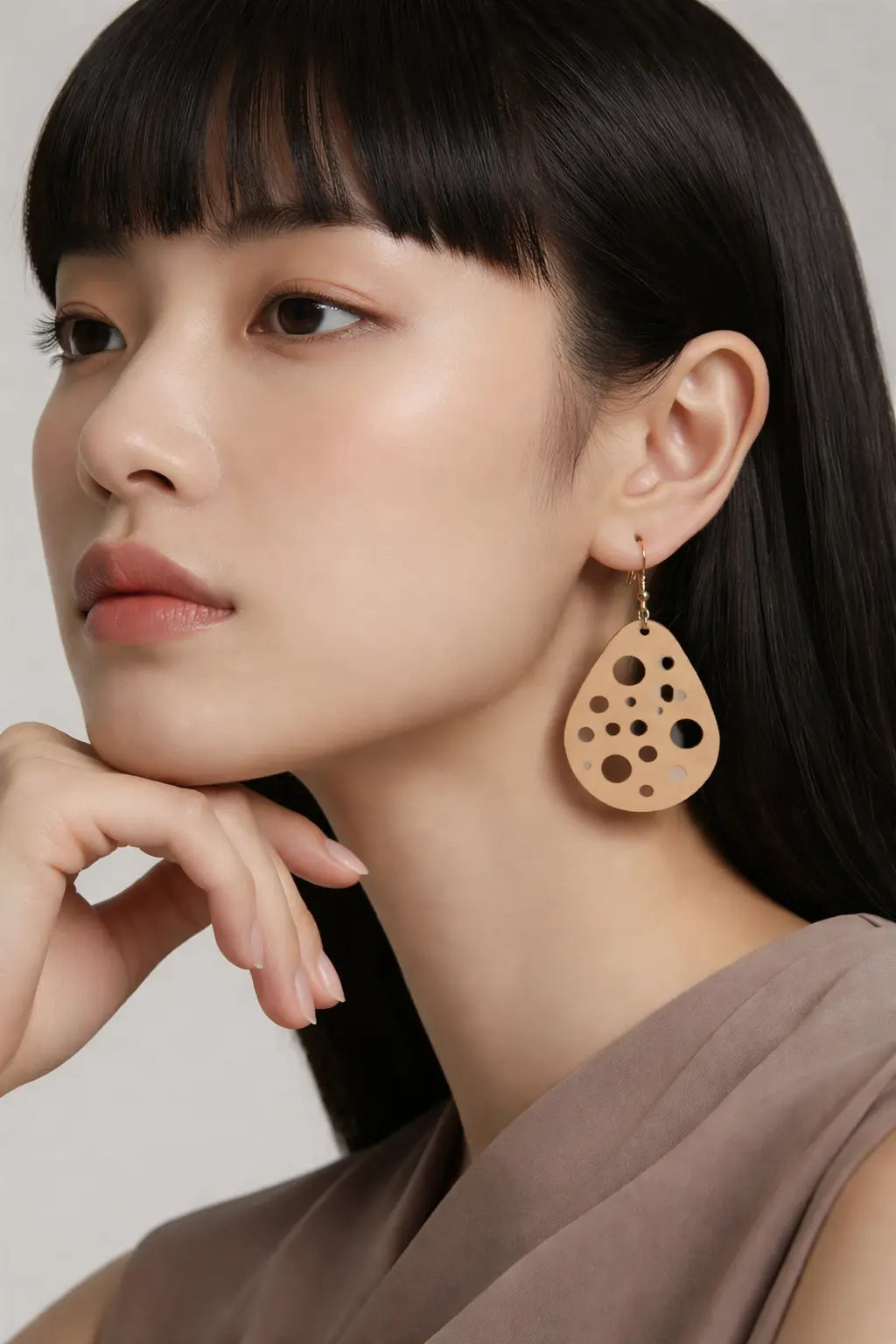 Bubble Cutout Teardrop Earrings — Laser‑Cut Walnut Veneer, Lightweight Modern Design