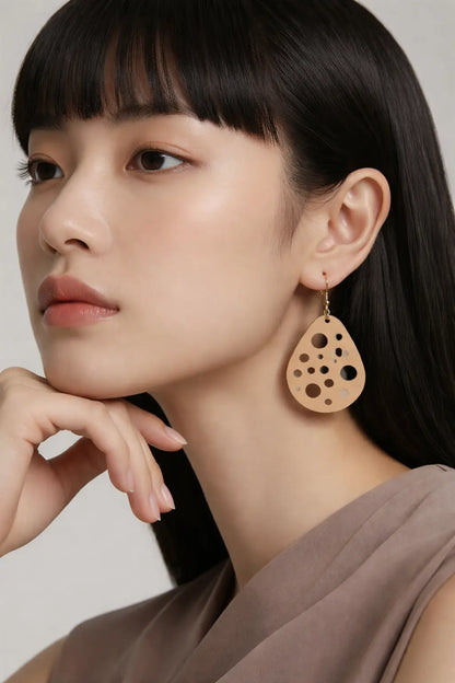 Bubble Cutout Teardrop Earrings — Laser‑Cut Walnut Veneer, Lightweight Modern Design