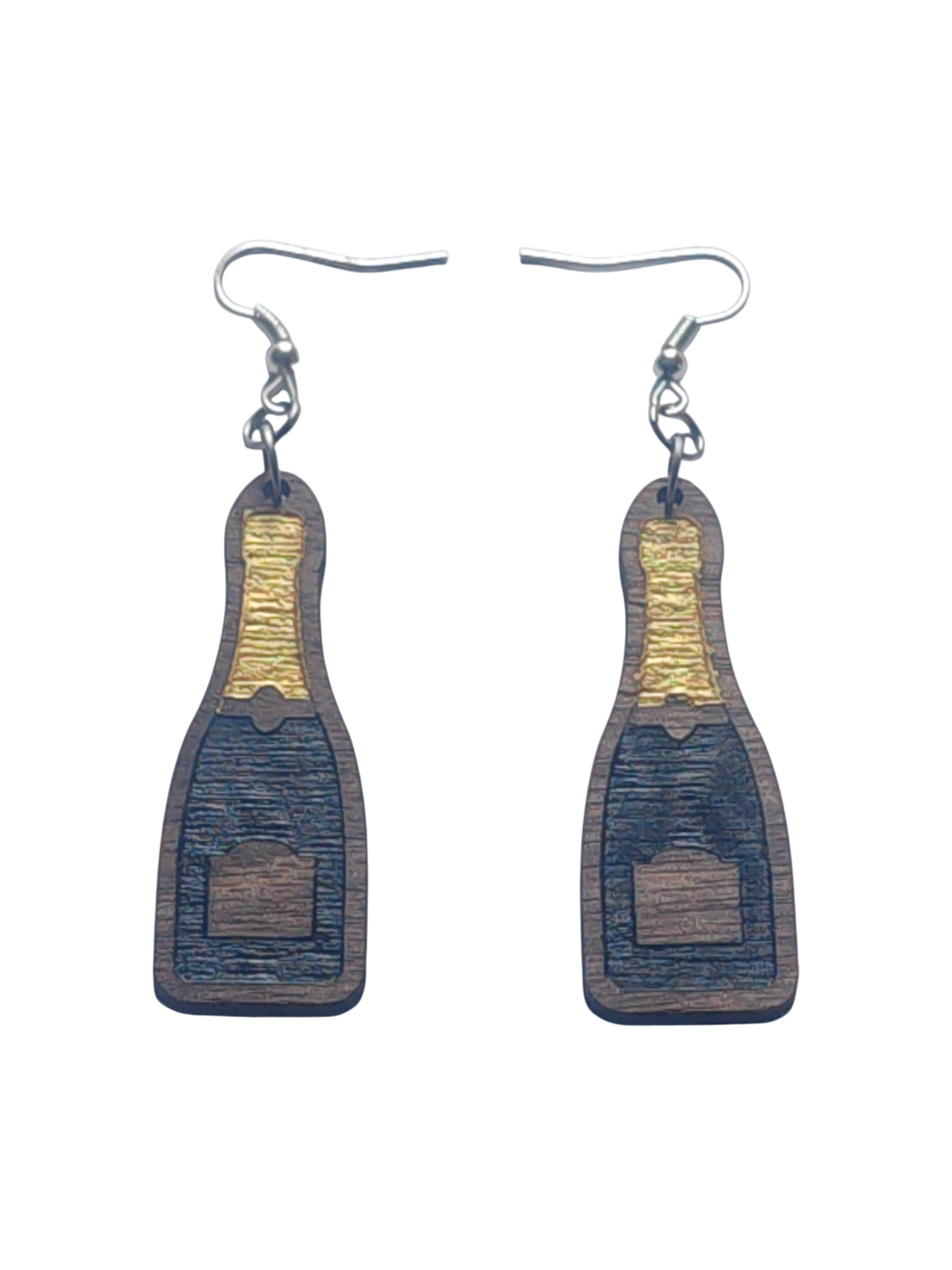 Walnut Veneer Earrings – Champagne Bottle Design, Wooden Dangles