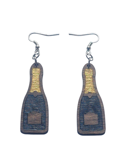 Walnut Veneer Earrings – Champagne Bottle Design, Wooden Dangles