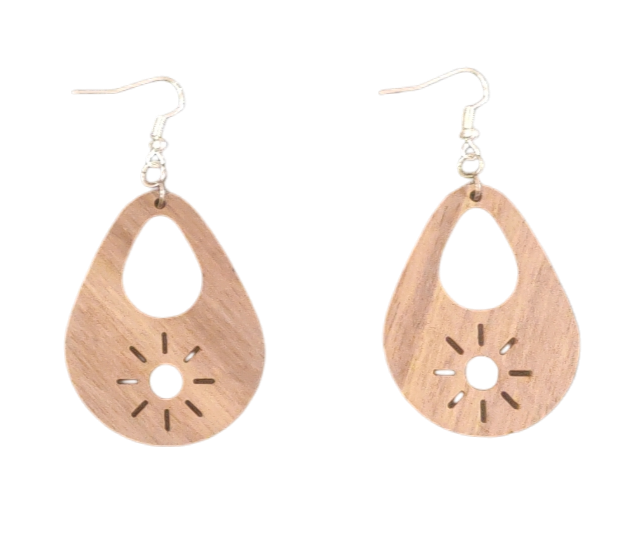 Walnut Veneer Teardrop Earrings with Sun & Teardrop Cutouts • Boho Wooden Drop Earrings • Lightweight Walnut Dangle Jewellery