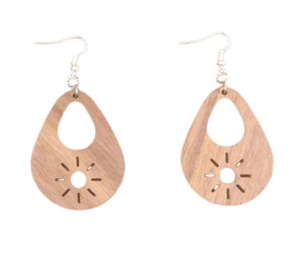 Walnut Veneer Teardrop Earrings with Sun & Teardrop Cutouts • Boho Wooden Drop Earrings • Lightweight Walnut Dangle Jewellery