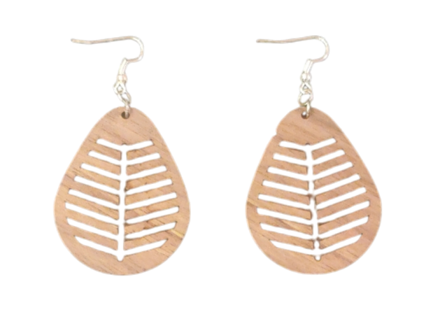 Walnut Veneer Teardrop Earrings with Leaf Cutout Pattern • Boho Wooden Drop Earrings • Lightweight Walnut Dangle Jewellery