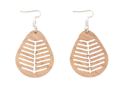 Walnut Veneer Teardrop Earrings with Leaf Cutout Pattern • Boho Wooden Drop Earrings • Lightweight Walnut Dangle Jewellery