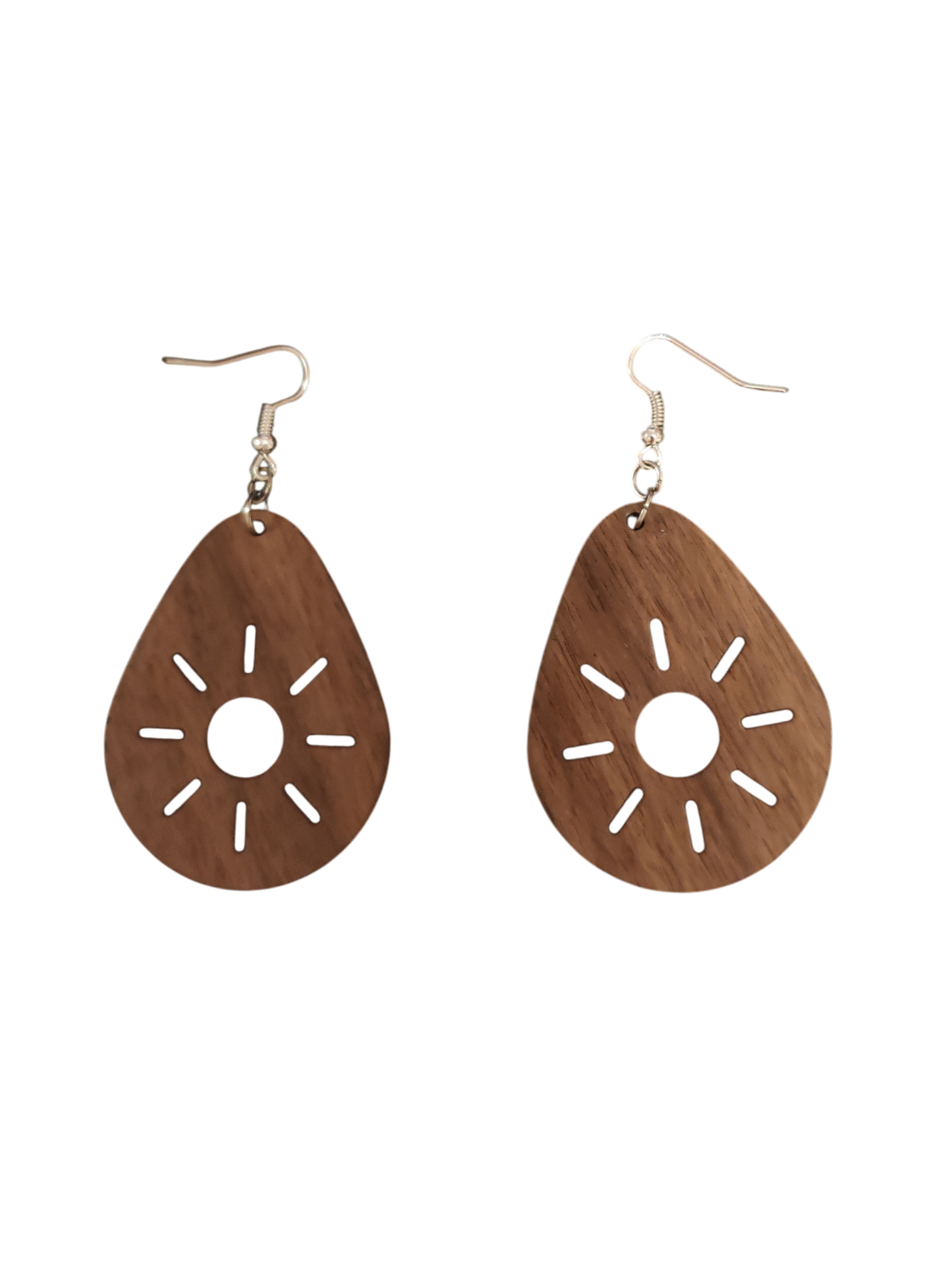 Sunburst Teardrop Earrings — Laser‑Cut Walnut Veneer, Lightweight Nature‑Inspired Design