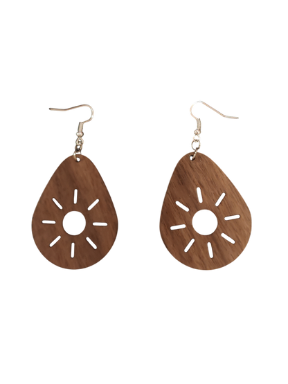 Sunburst Teardrop Earrings — Laser‑Cut Walnut Veneer, Lightweight Nature‑Inspired Design