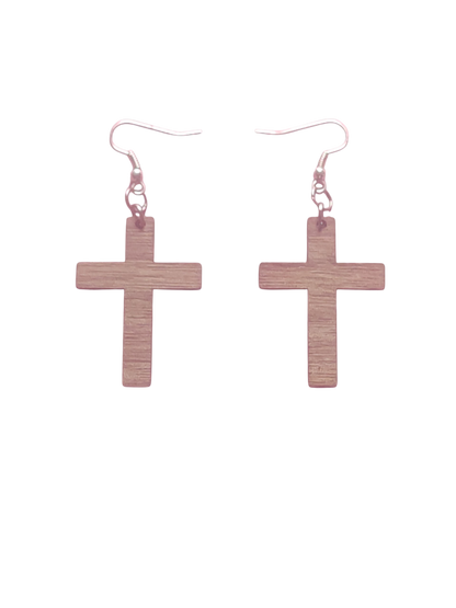 Walnut Veneer Earrings – Laser‑Cut Cross Design, Wooden Dangle Pair