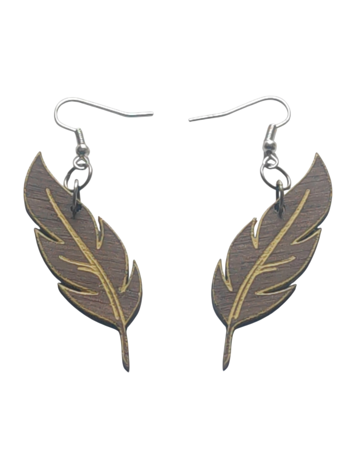 Walnut Veneer Earrings – Engraved Feather Wooden Dangles