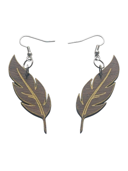Walnut Veneer Earrings – Engraved Feather Wooden Dangles