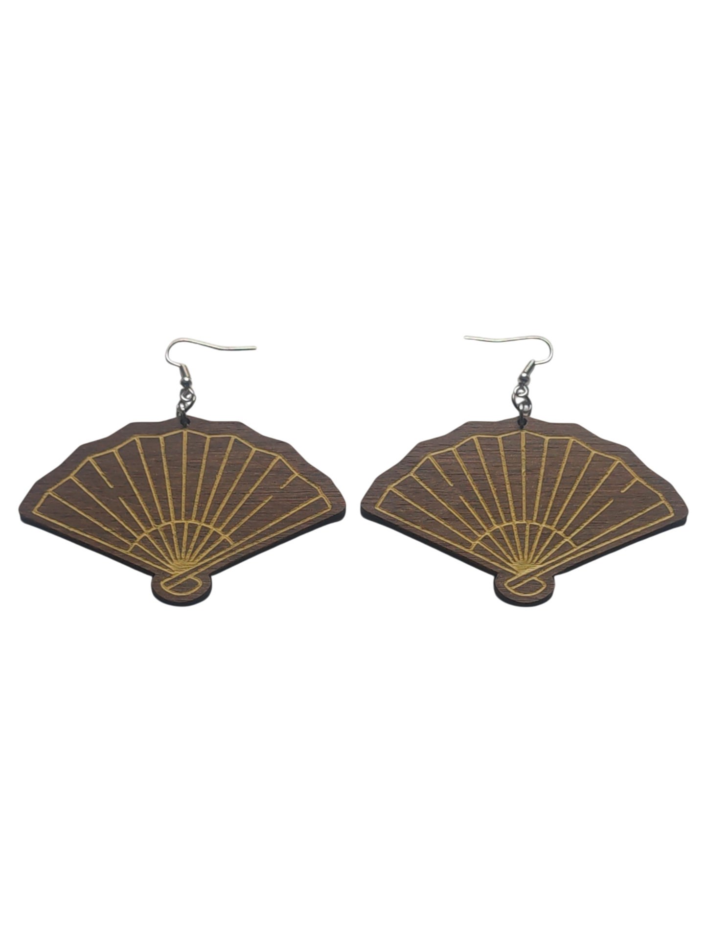 Walnut Veneer Earrings – Traditional Hand Fan Design, Wooden Dangles