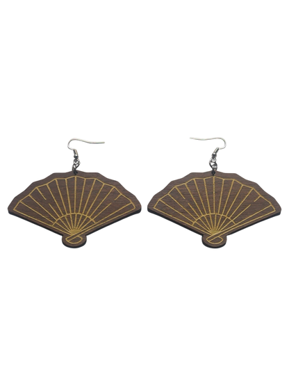 Walnut Veneer Earrings – Traditional Hand Fan Design, Wooden Dangles