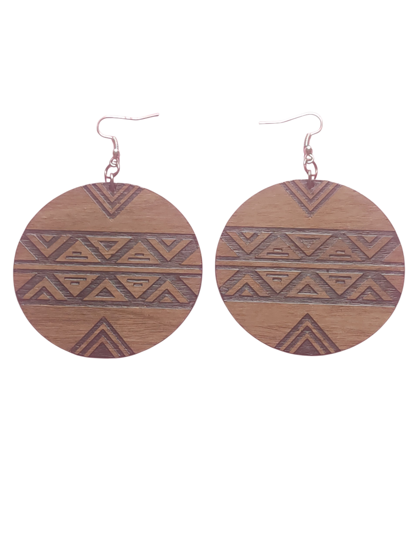 Walnut Veneer Earrings – Geometric African Pattern, Round Wooden Dangles