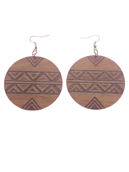 Walnut Veneer Earrings – Geometric African Pattern, Round Wooden Dangles