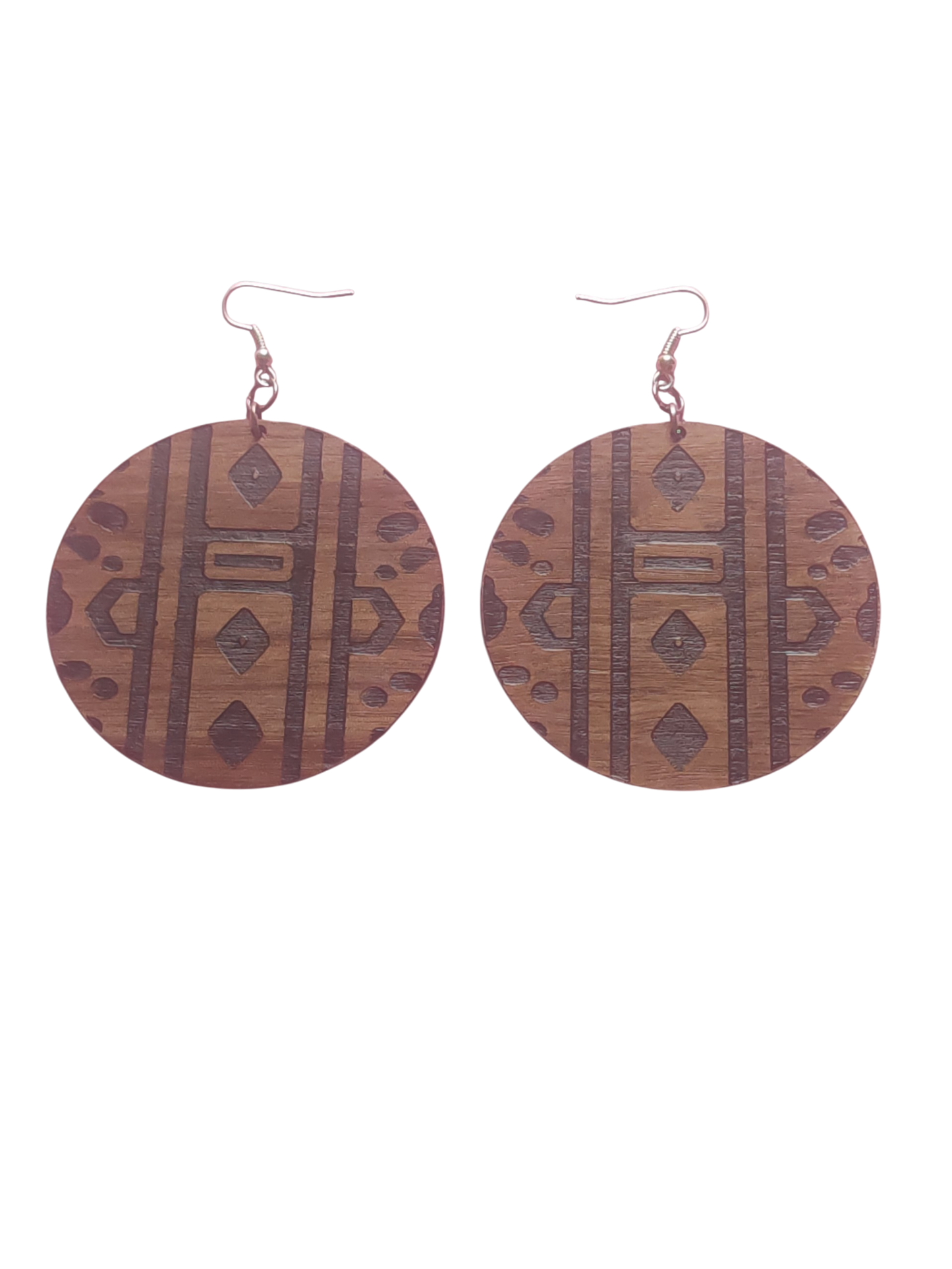Walnut Veneer Earrings – Engraved African Pattern, Round Wooden Dangles