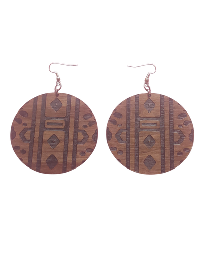 Walnut Veneer Earrings – Engraved African Pattern, Round Wooden Dangles