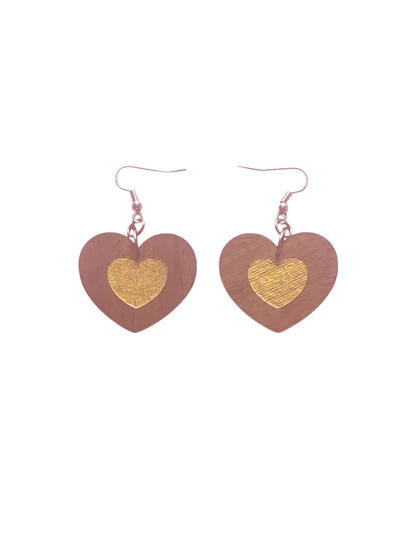 Walnut Veneer Earrings – Engraved Inner Heart Design, Heart‑Shaped Wooden Dangles