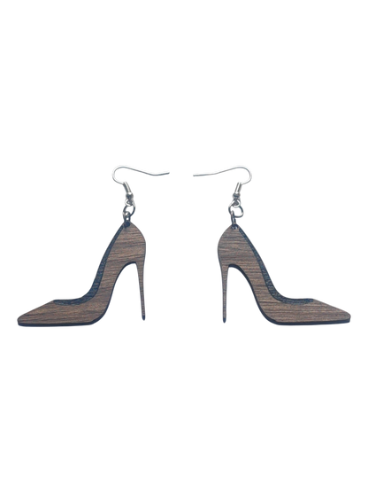 Walnut Veneer Earrings – Stiletto High Heel Design, Wooden Dangles