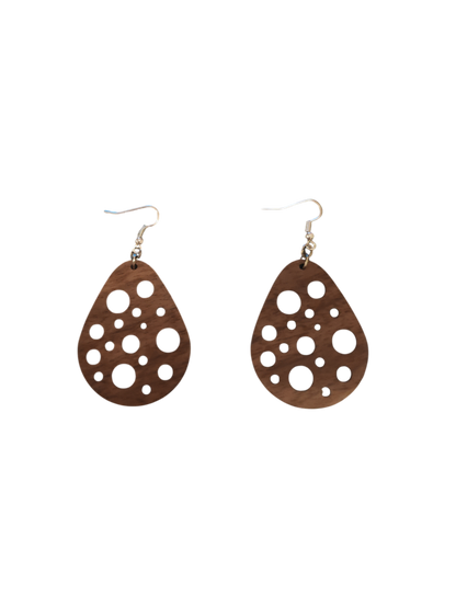 Bubble Cutout Teardrop Earrings — Laser‑Cut Walnut Veneer, Lightweight Modern Design