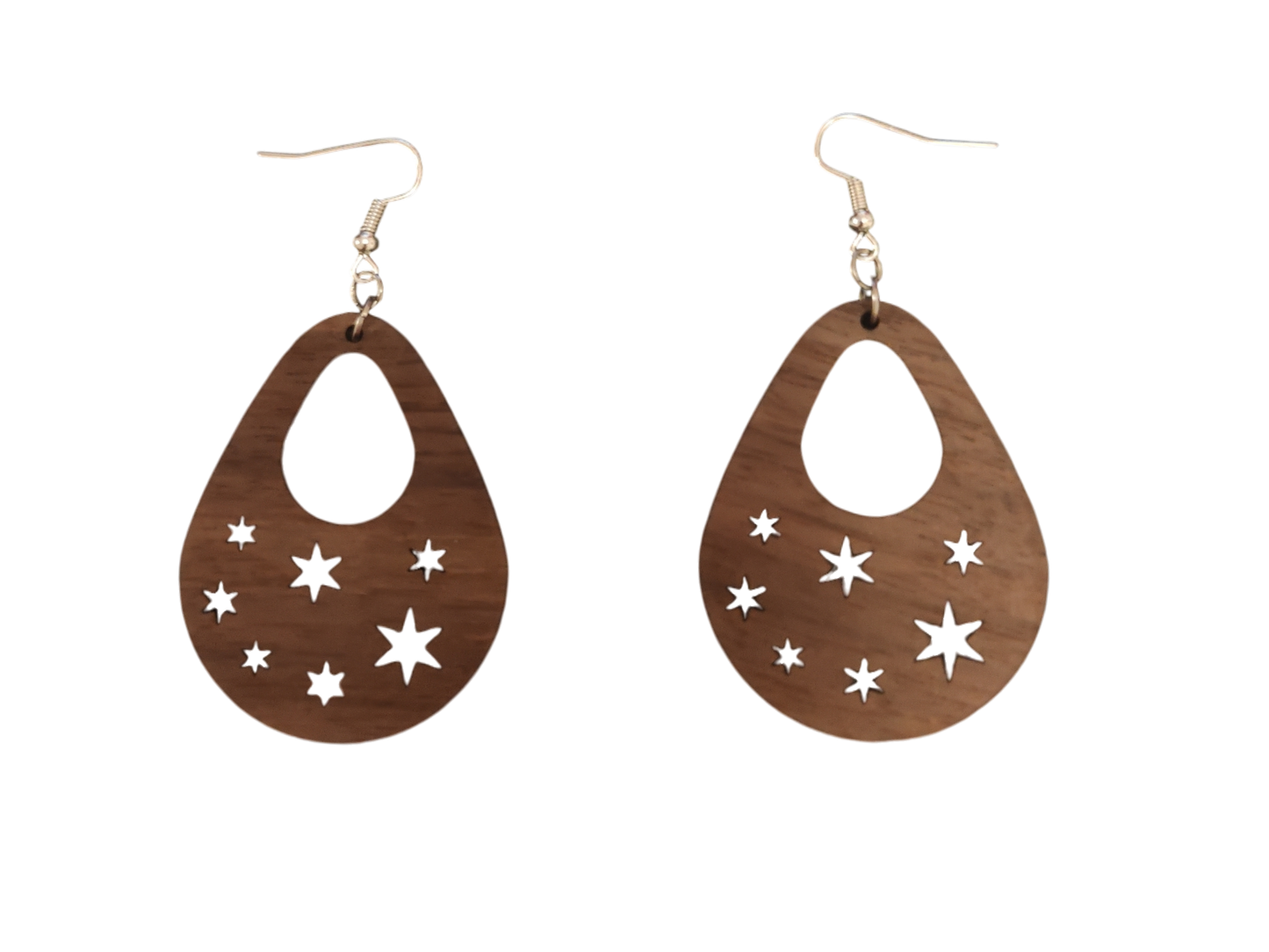 Star‑Cut Teardrop Earrings — Open‑Centre Walnut Veneer with Celestial Laser‑Cut Details