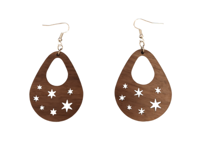 Star‑Cut Teardrop Earrings — Open‑Centre Walnut Veneer with Celestial Laser‑Cut Details