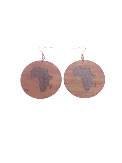 Walnut Veneer Earrings – Engraved Africa Map, Round Wooden Dangles