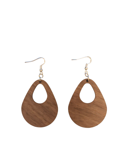Teardrop Cutout Earrings — Laser‑Cut Walnut Veneer, Lightweight Minimal Design