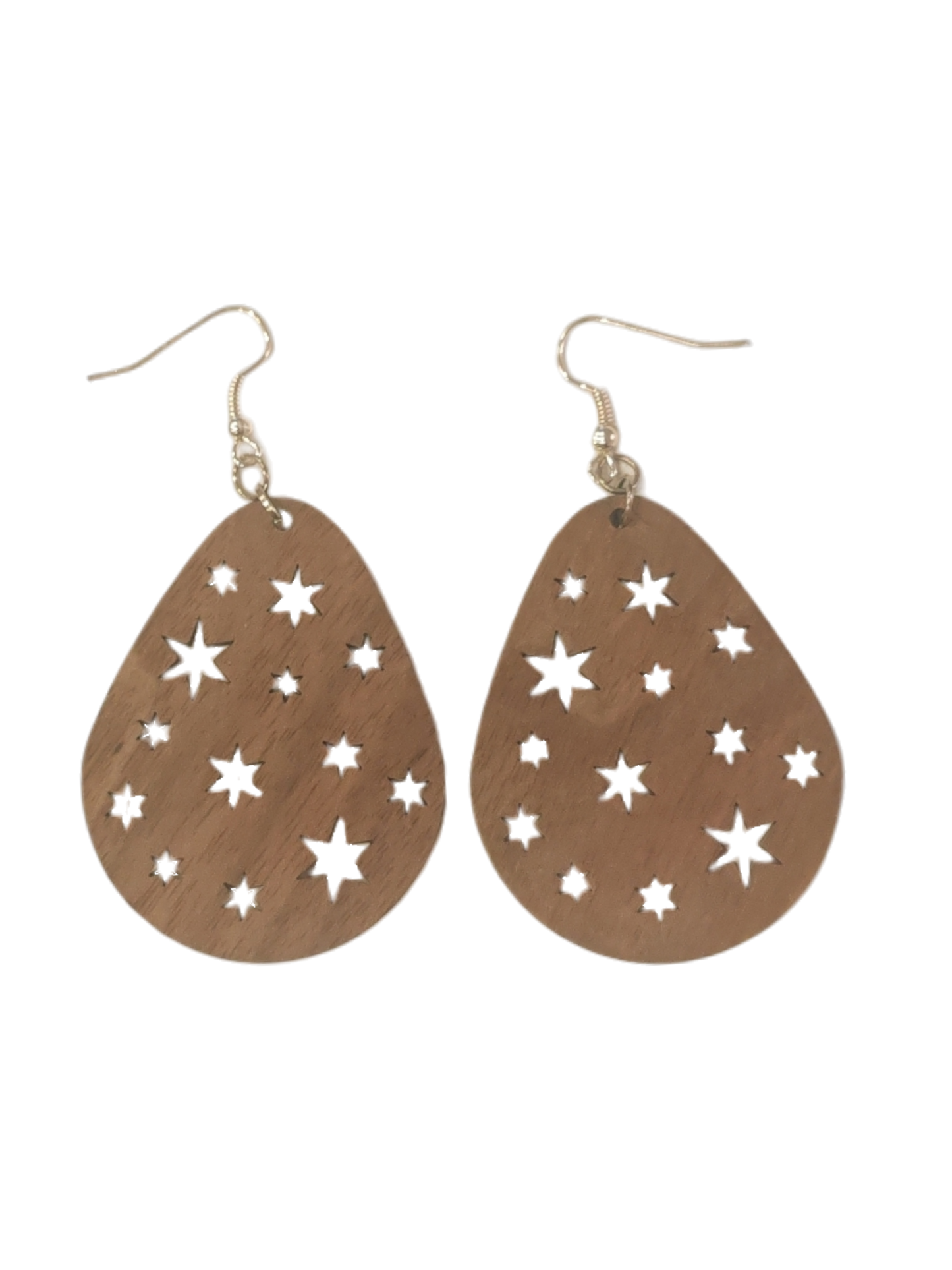 Walnut Veneer Teardrop Earrings with Star Cutouts • Boho Wooden Drop Earrings • Lightweight Walnut Star Dangle Jewellery