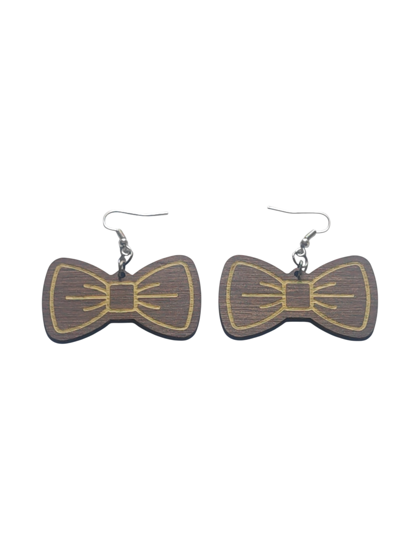Walnut Veneer Earrings – Engraved Bow Design, Wooden Dangles
