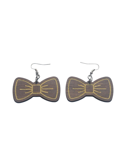 Walnut Veneer Earrings – Engraved Bow Design, Wooden Dangles
