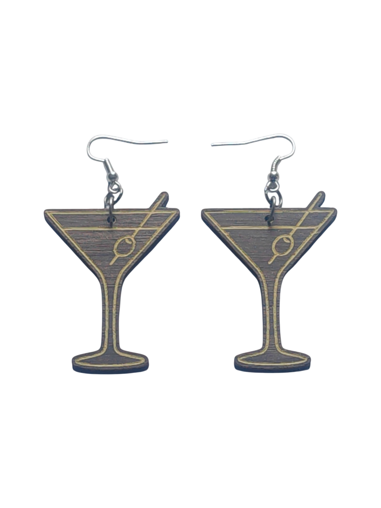 Walnut Veneer Earrings – Martini Glass Cocktail Design, Wooden Dangles