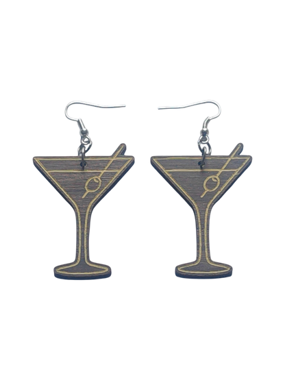 Walnut Veneer Earrings – Martini Glass Cocktail Design, Wooden Dangles