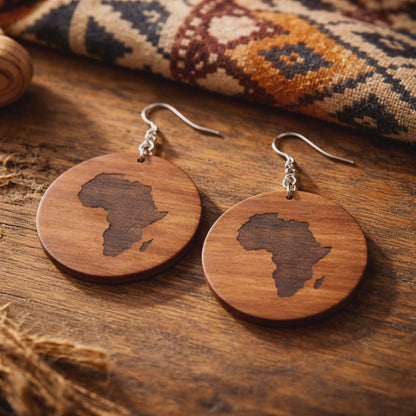 Walnut Veneer Earrings – Engraved Africa Map, Round Wooden Dangles