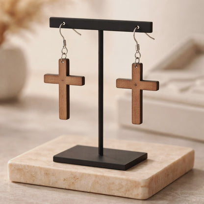 Walnut Veneer Earrings – Laser‑Cut Cross Design, Wooden Dangle Pair