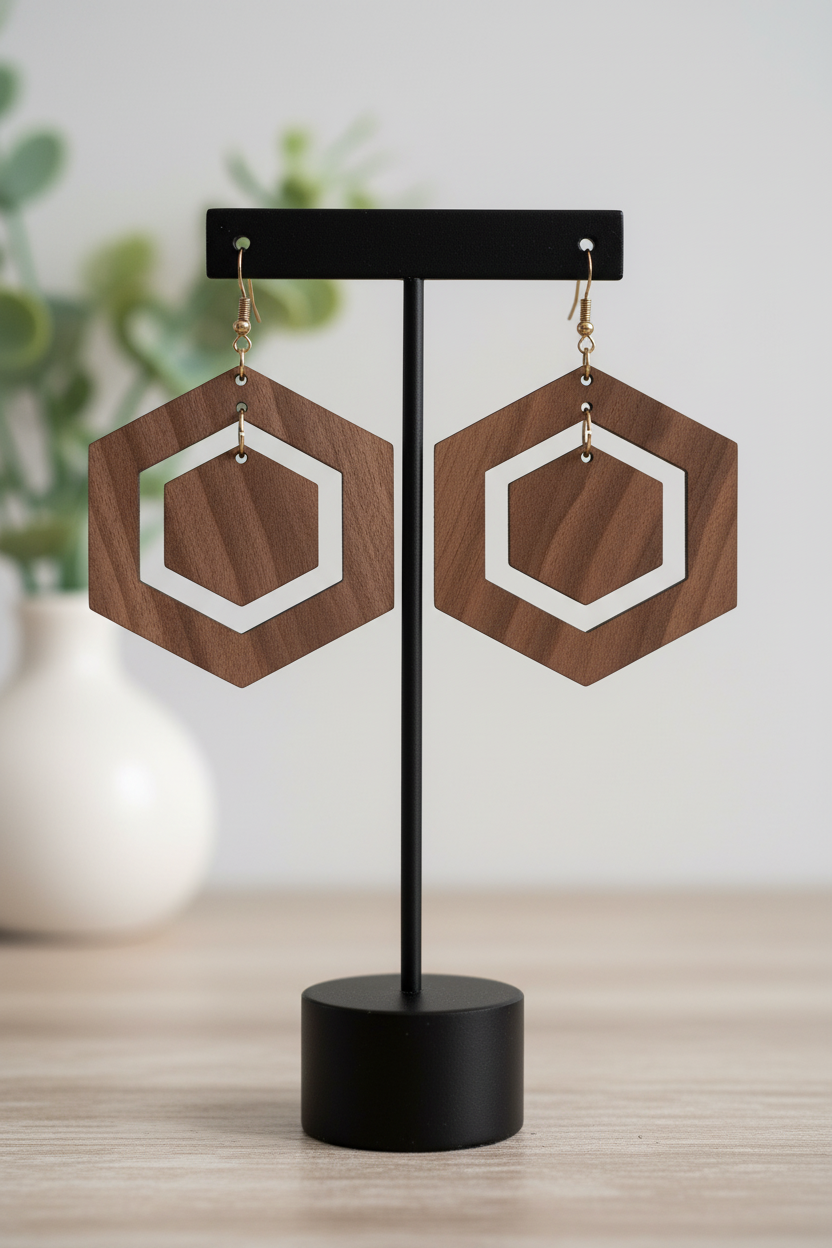 Hexagon Walnut Earrings